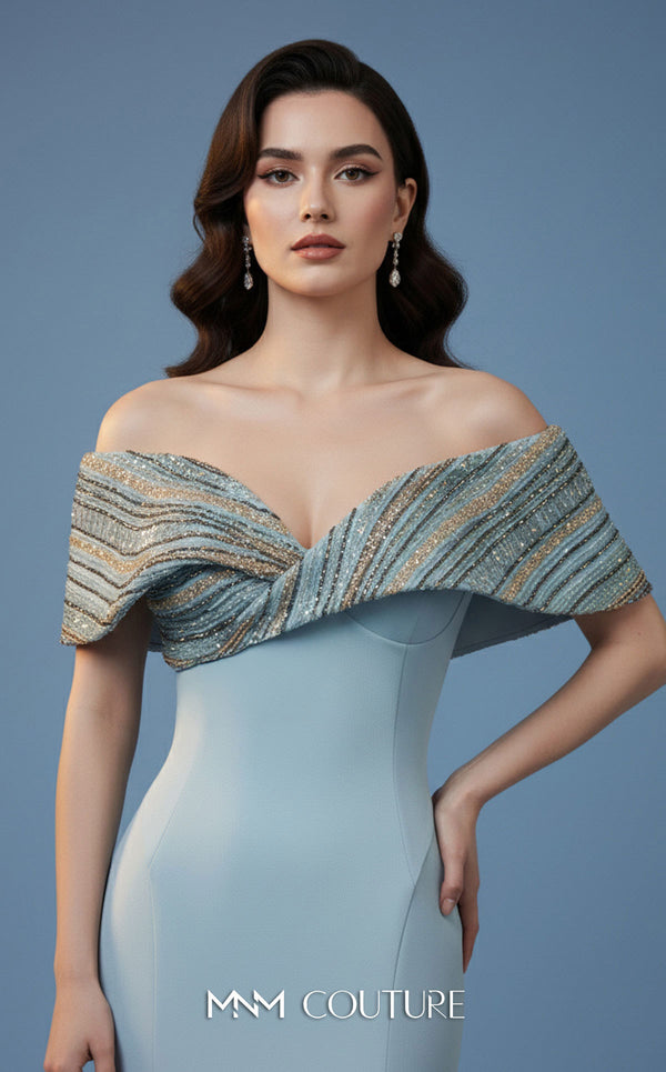 MNM Couture Style F02935 featuring a fitted mint or pink crepe mermaid gown with an off-shoulder neckline, elaborate bead and sequin embroidery, and a dramatic train. | Couture Shop LA |