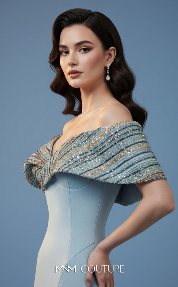MNM Couture Style F02935 featuring a fitted mint or pink crepe mermaid gown with an off-shoulder neckline, elaborate bead and sequin embroidery, and a dramatic train. | Couture Shop LA |