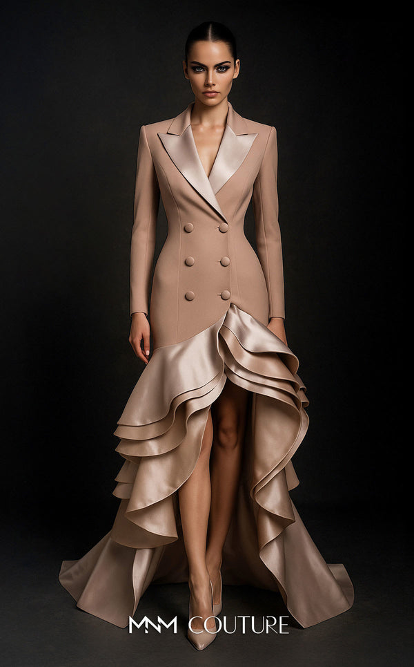 MNM Couture F02936 beige tuxedo-style gown with satin lapels, double-breasted buttons, and a dramatic high-low ruffled skirt. | Couture Shop LA