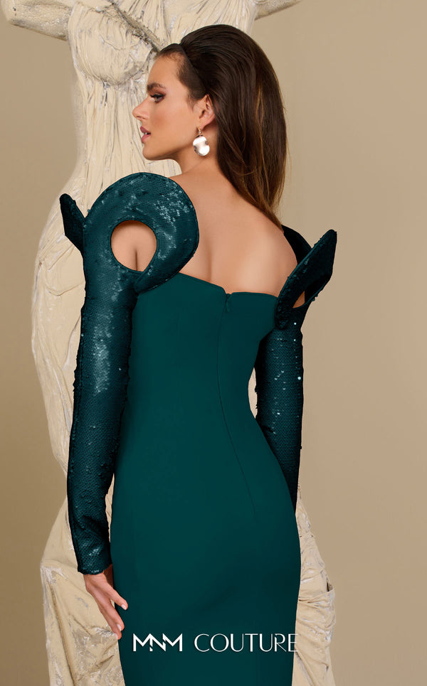 MNM Couture Style F02942 column gown with a deep V-neckline, sequined off-the-shoulder long sleeves, and shoulder cutouts. | Couture Shop LA