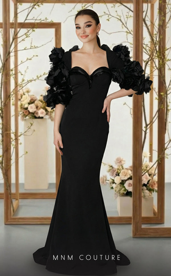 Strapless crepe bespoke evening wear with rose applique taffeta jacket MNM Couture F02944