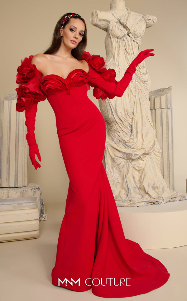 Strapless crepe bespoke evening wear with rose applique taffeta jacket MNM Couture F02944