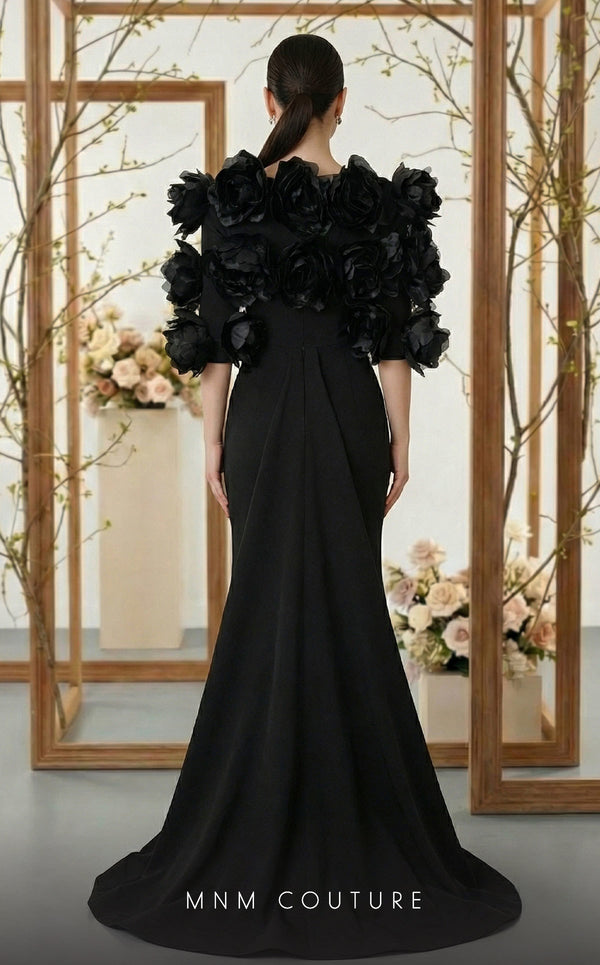 Strapless crepe bespoke evening wear with rose applique taffeta jacket MNM Couture F02944