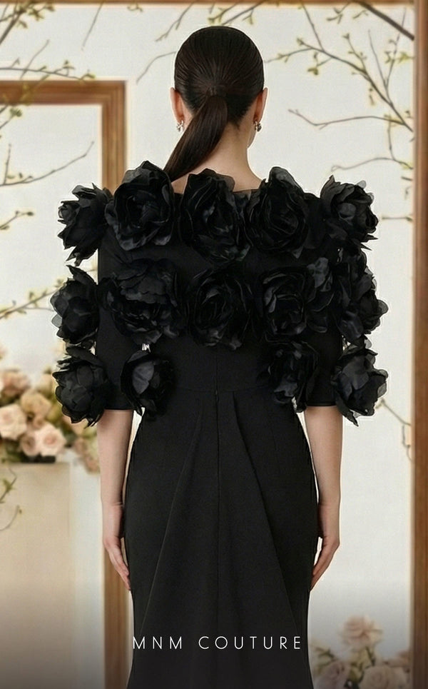 Strapless crepe bespoke evening wear with rose applique taffeta jacket MNM Couture F02944