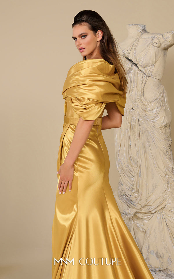 MNM Couture Style F02946 satin trumpet gown with an off-the-shoulder deep V-neckline and a high front slit. | Couture Shop LA