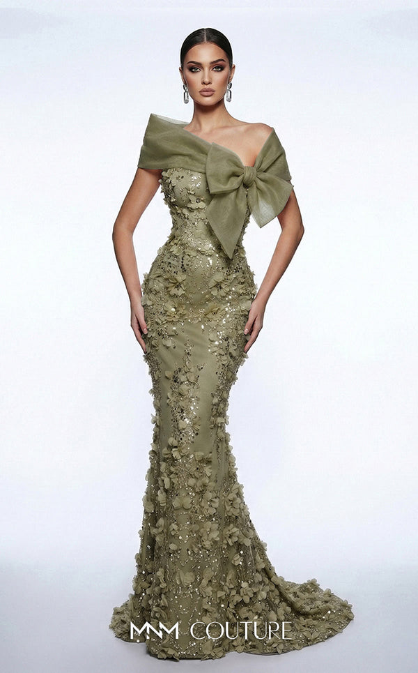 MNM Couture F02950A soft mesh mermaid gown with laser-cut floral appliqués, sequin shimmer, and draped sheer bow neckline | Couture Shop LA.