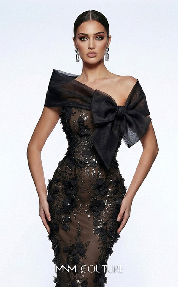MNM Couture F02950A soft mesh mermaid gown with laser-cut floral appliqués, sequin shimmer, and draped sheer bow neckline | Couture Shop LA.