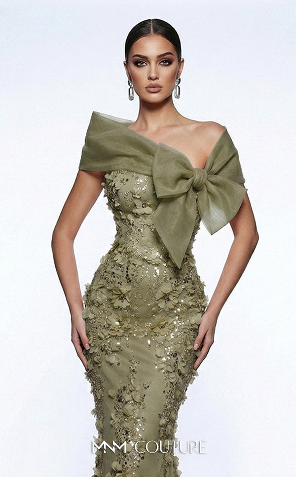 MNM Couture F02950A soft mesh mermaid gown with laser-cut floral appliqués, sequin shimmer, and draped sheer bow neckline | Couture Shop LA.