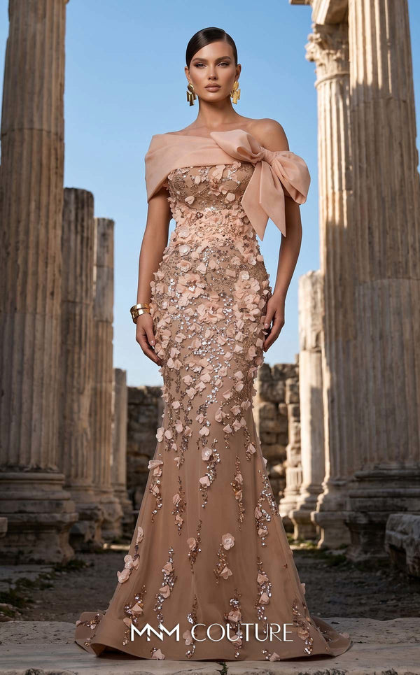 MNM Couture F02950A soft mesh mermaid gown with laser-cut floral appliqués, sequin shimmer, and draped sheer bow neckline | Couture Shop LA.