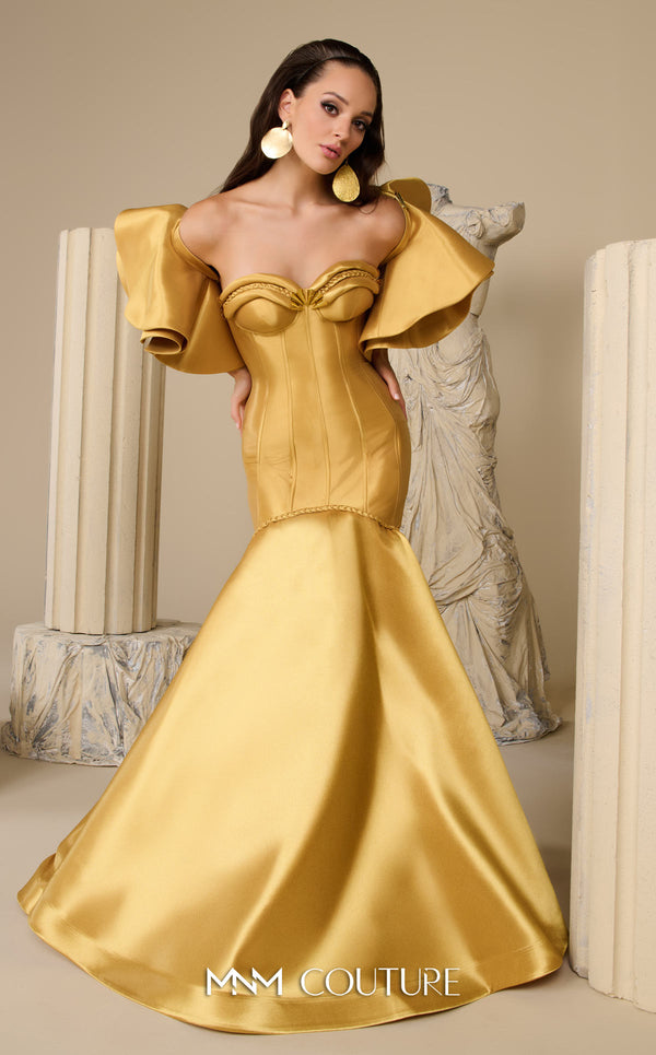 MNM Couture F02951 gold satin corset mermaid gown with removable oversized ruffled off-shoulder sleeves, braided satin cord sweetheart neckline and wave waist seam, and fishtail skirt | Couture Shop LA