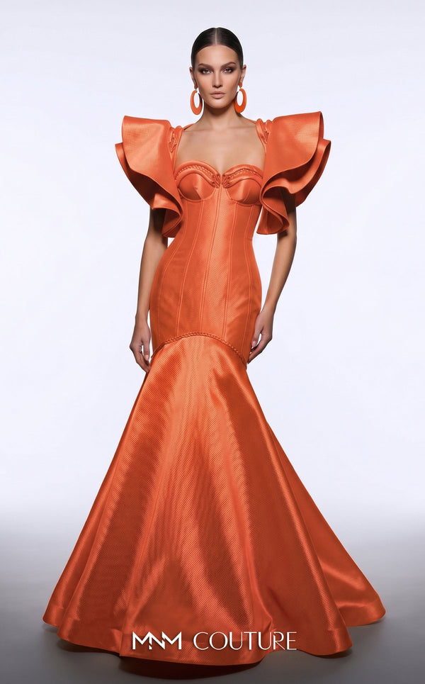 MNM Couture F02951 gold satin corset mermaid gown with removable oversized ruffled off-shoulder sleeves, braided satin cord sweetheart neckline and wave waist seam, and fishtail skirt | Couture Shop LA