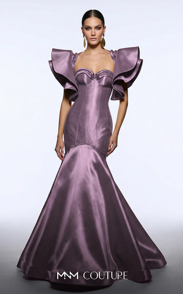 MNM Couture F02951 gold satin corset mermaid gown with removable oversized ruffled off-shoulder sleeves, braided satin cord sweetheart neckline and wave waist seam, and fishtail skirt | Couture Shop LA