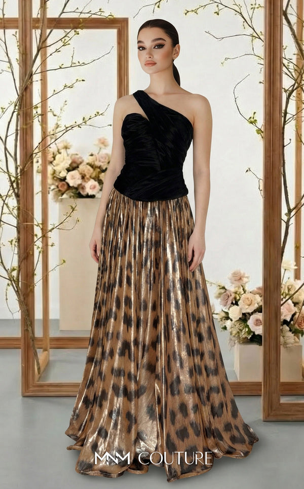 Asymmetrical tiger velvet and metallic chiffon bespoke evening wear MNM Couture F02953A