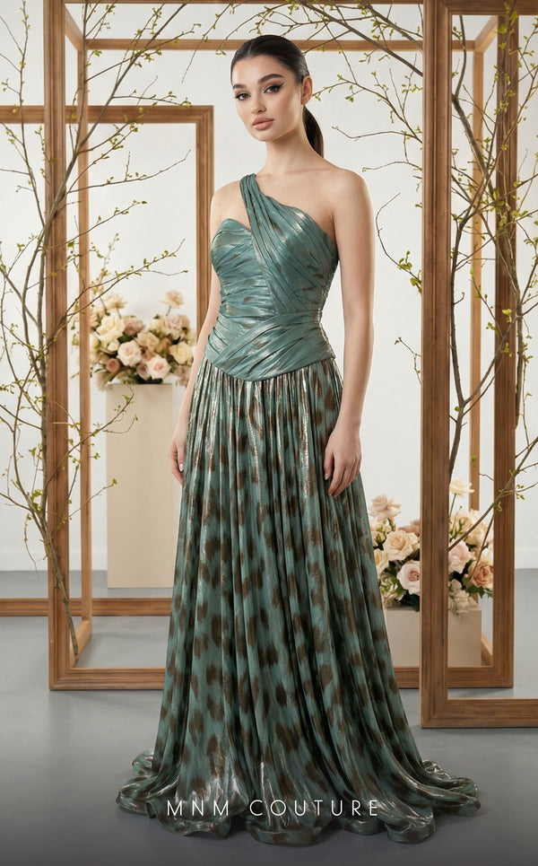 Asymmetrical tiger velvet and metallic chiffon bespoke evening wear MNM Couture F02953A