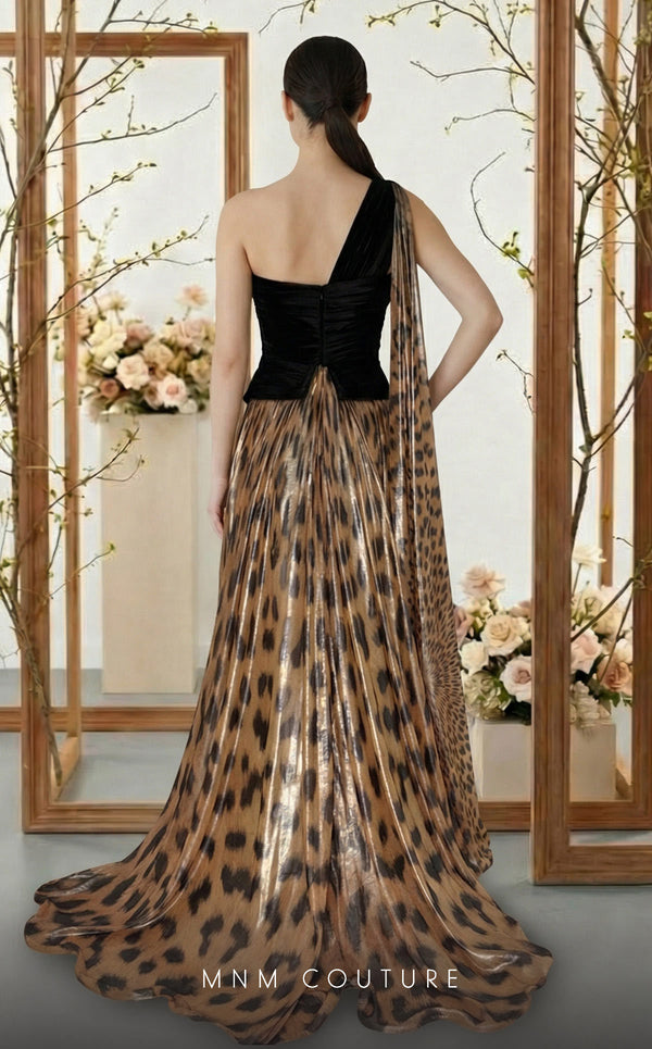 Asymmetrical tiger velvet and metallic chiffon bespoke evening wear MNM Couture F02953A