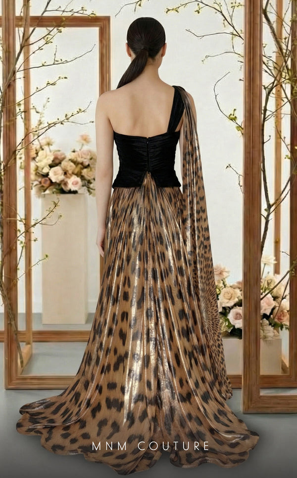 Asymmetrical tiger velvet and metallic chiffon bespoke evening wear MNM Couture F02953A