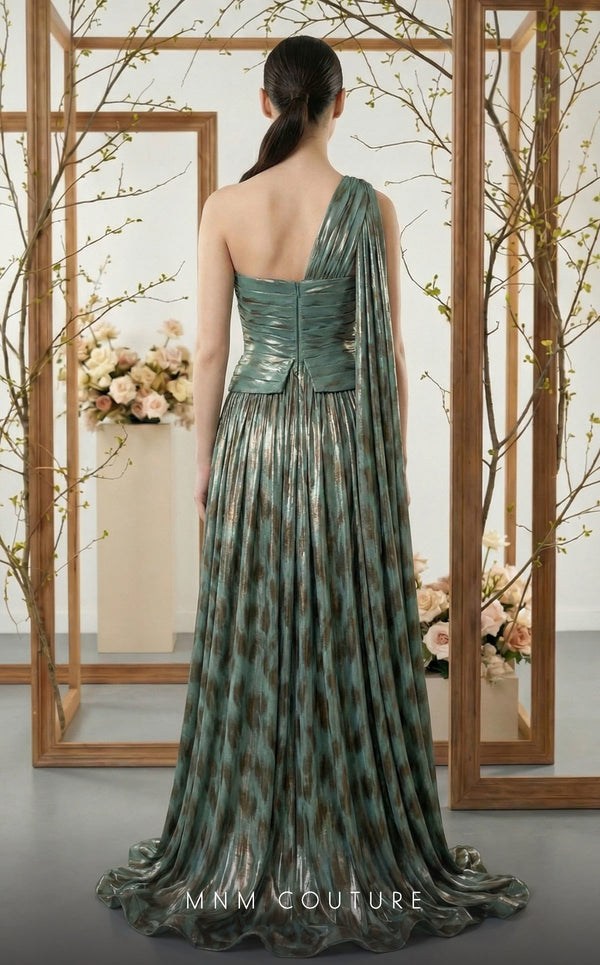 Asymmetrical tiger velvet and metallic chiffon bespoke evening wear MNM Couture F02953A