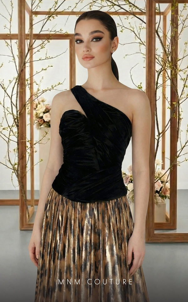 Asymmetrical tiger velvet and metallic chiffon bespoke evening wear MNM Couture F02953A