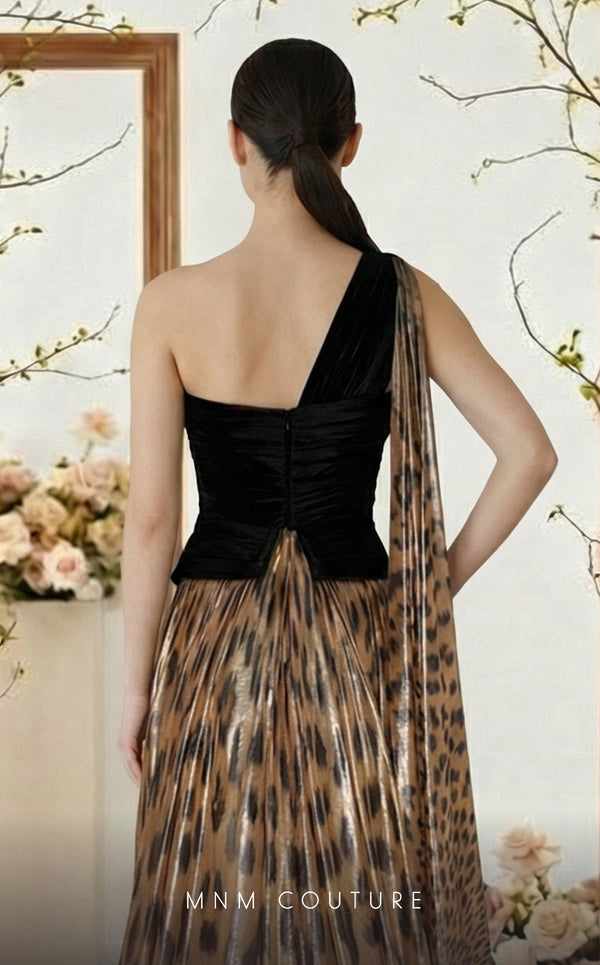 Asymmetrical tiger velvet and metallic chiffon bespoke evening wear MNM Couture F02953A