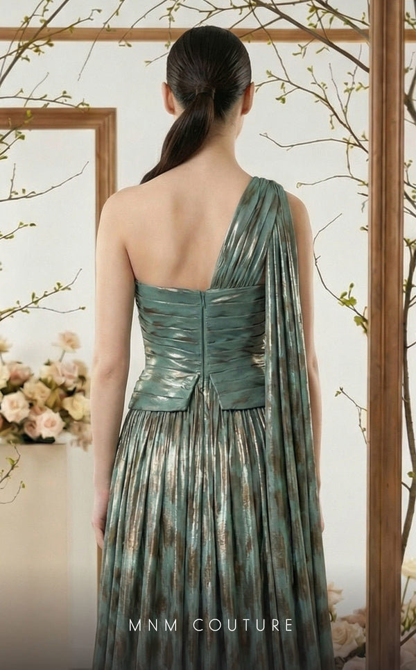 Asymmetrical tiger velvet and metallic chiffon bespoke evening wear MNM Couture F02953A