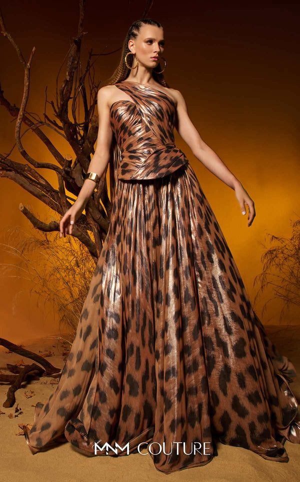 Metallic chiffon one-shoulder haute couture A-line dress MNM Couture F02953