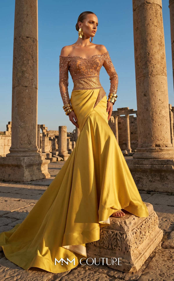 MNM Couture F02957 mesh and satin mermaid gown with beaded nude illusion bodice, sweetheart neckline, off-shoulder sleeves, and pleated satin train | Couture Shop LA.