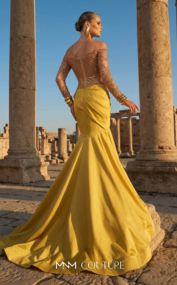 MNM Couture F02957 mesh and satin mermaid gown with beaded nude illusion bodice, sweetheart neckline, off-shoulder sleeves, and pleated satin train | Couture Shop LA.