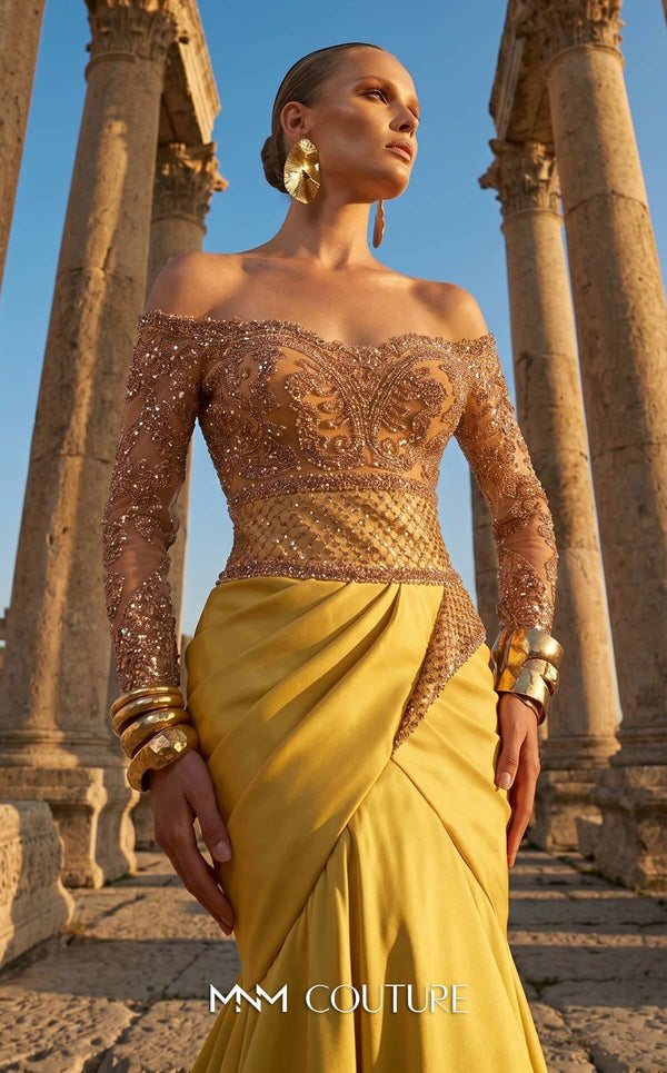 MNM Couture F02957 mesh and satin mermaid gown with beaded nude illusion bodice, sweetheart neckline, off-shoulder sleeves, and pleated satin train | Couture Shop LA.
