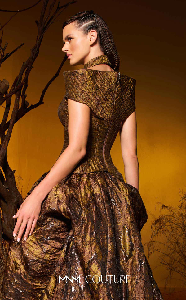 Brown metallic jacquard haute couture gown with choker detail MNM Couture F02971