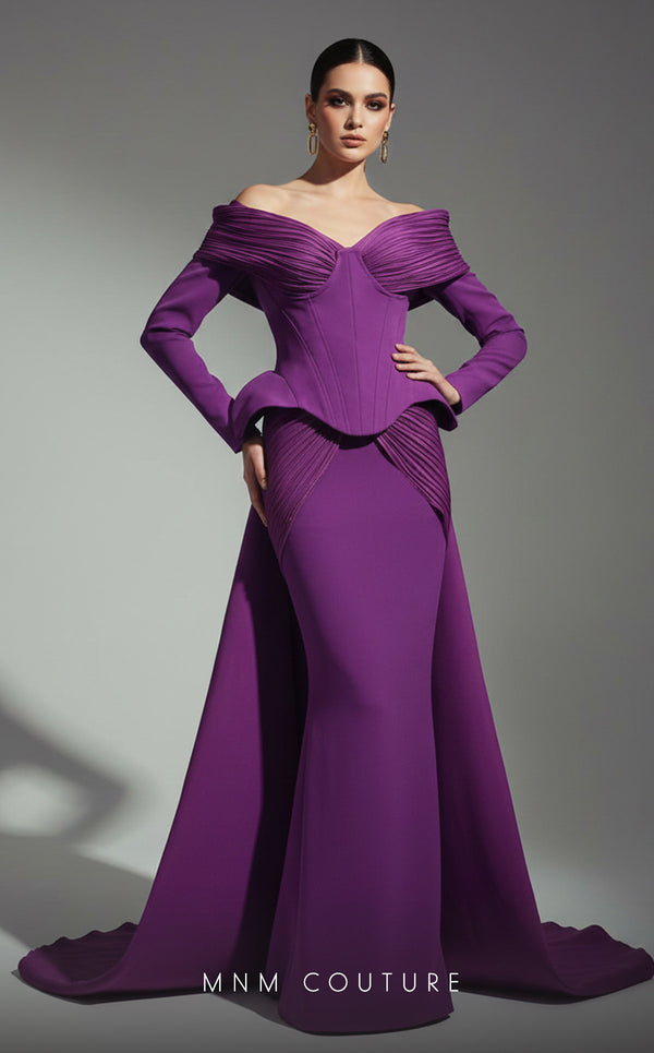 Off-shoulder crepe peplum bespoke evening wear with double skirt MNM Couture F02972A