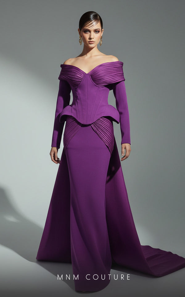 Off-shoulder crepe peplum bespoke evening wear with double skirt MNM Couture F02972A