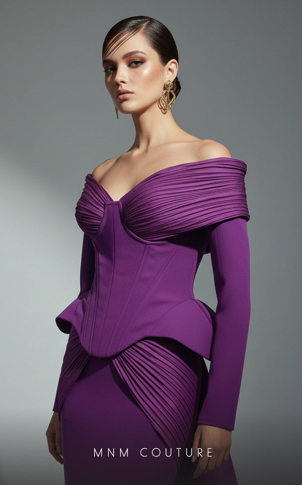 Off-shoulder crepe peplum bespoke evening wear with double skirt MNM Couture F02972A