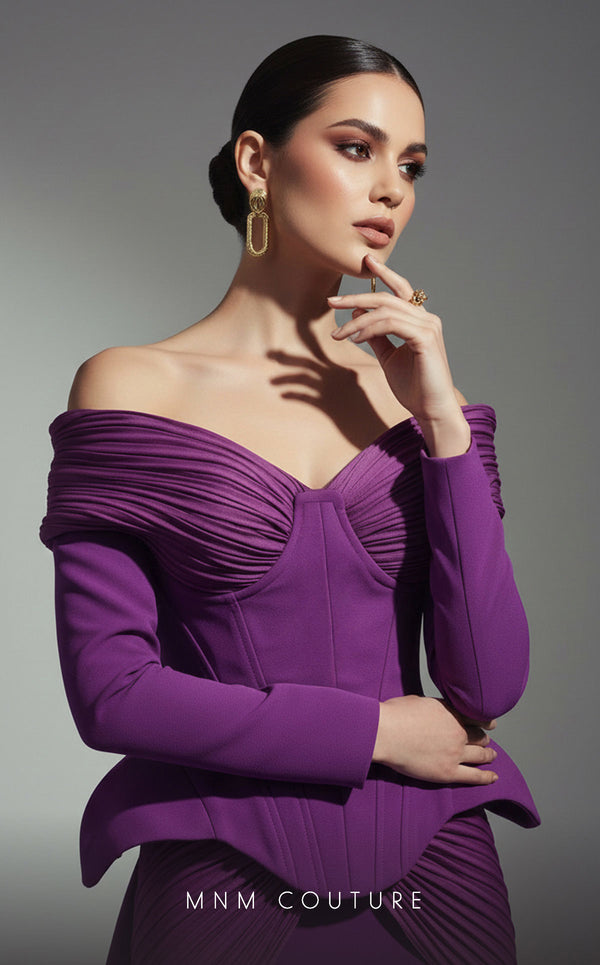 Off-shoulder crepe peplum bespoke evening wear with double skirt MNM Couture F02972A