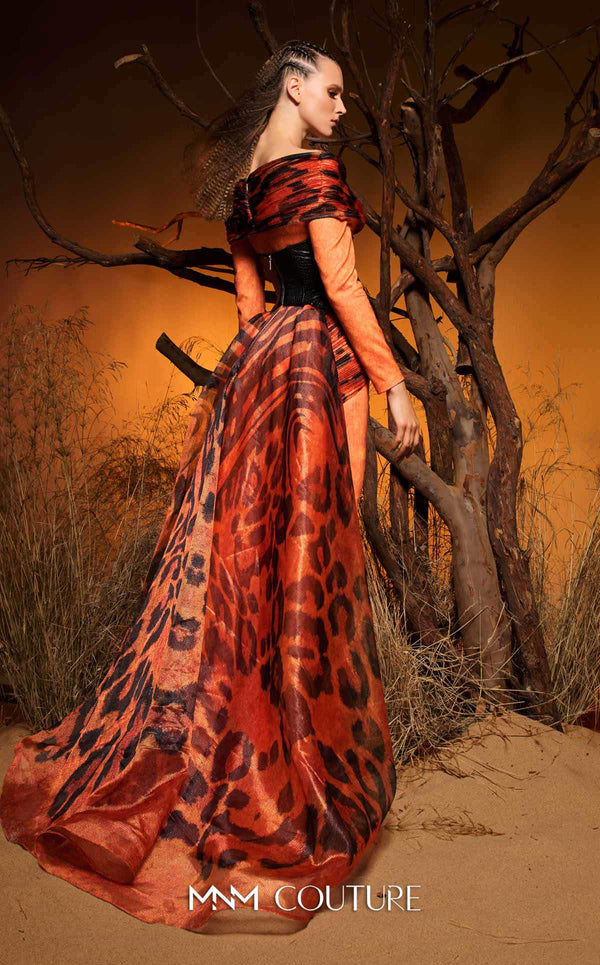 Off-shoulder faux-leather and animal-print chiffon luxury gala gown MNM Couture F02972