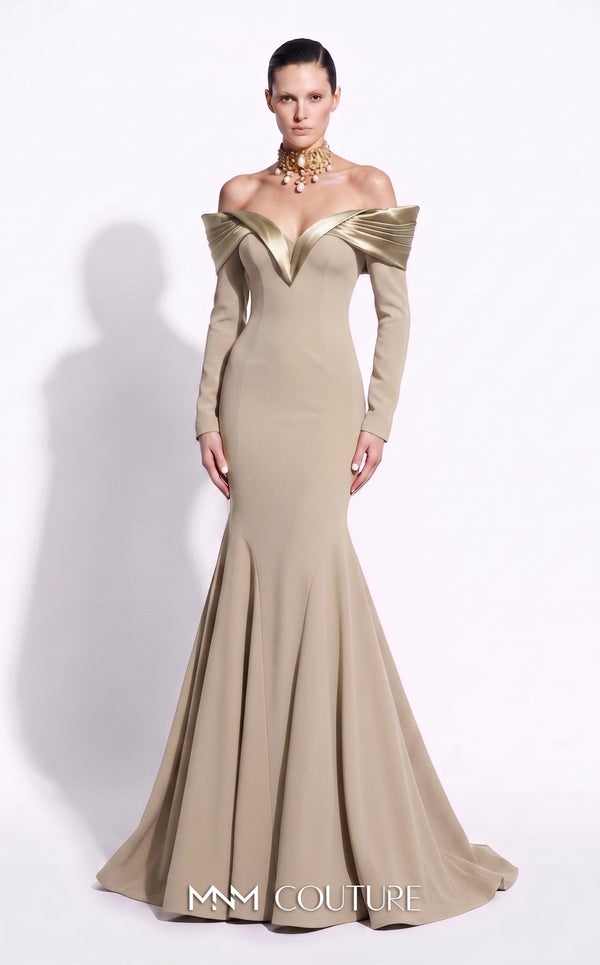 MNM Couture F02973A crepe and satin off-shoulder mermaid gown with sweetheart neckline, pleated draped satin sleeves, and dramatic train | Couture Shop LA.