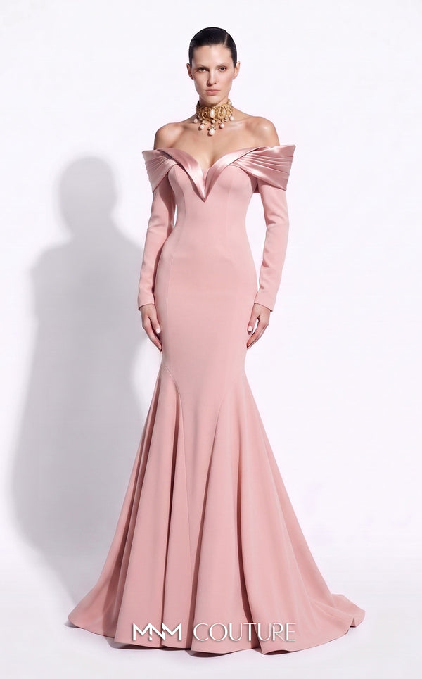 MNM Couture F02973A crepe and satin off-shoulder mermaid gown with sweetheart neckline, pleated draped satin sleeves, and dramatic train | Couture Shop LA.