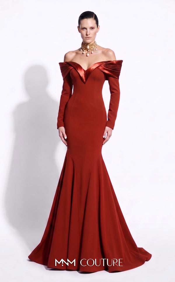 MNM Couture F02973A crepe and satin off-shoulder mermaid gown with sweetheart neckline, pleated draped satin sleeves, and dramatic train | Couture Shop LA.