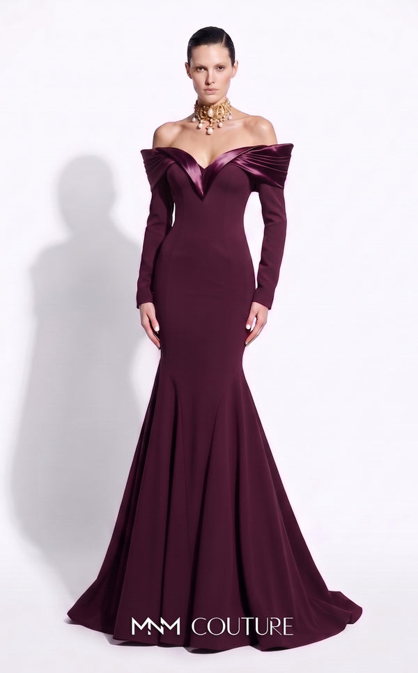 MNM Couture F02973A crepe and satin off-shoulder mermaid gown with sweetheart neckline, pleated draped satin sleeves, and dramatic train | Couture Shop LA.