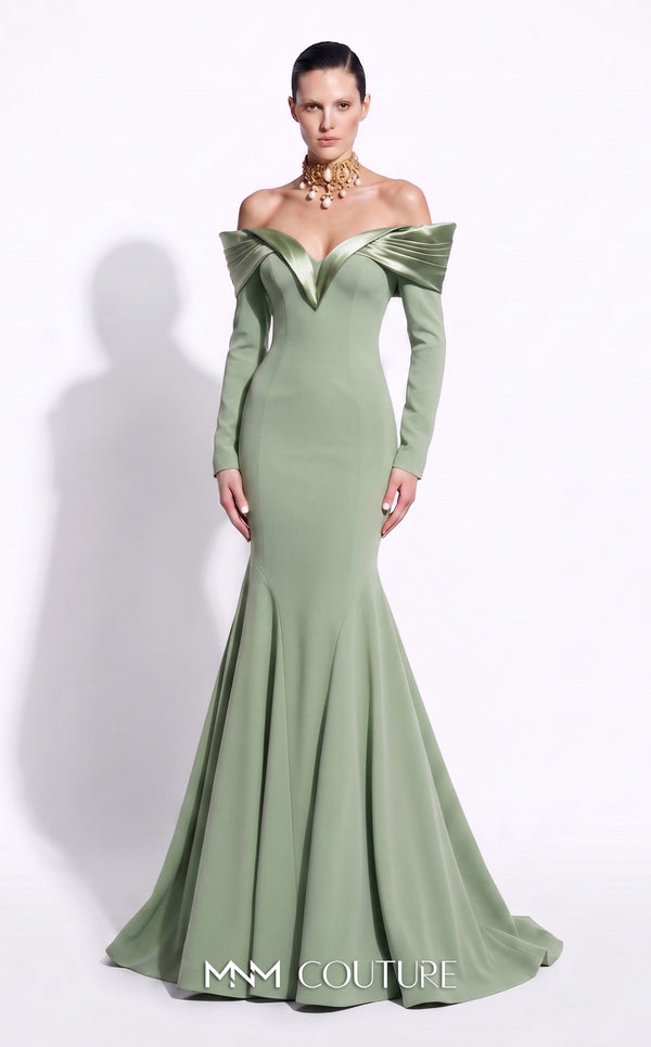 MNM Couture F02973A crepe and satin off-shoulder mermaid gown with sweetheart neckline, pleated draped satin sleeves, and dramatic train | Couture Shop LA.