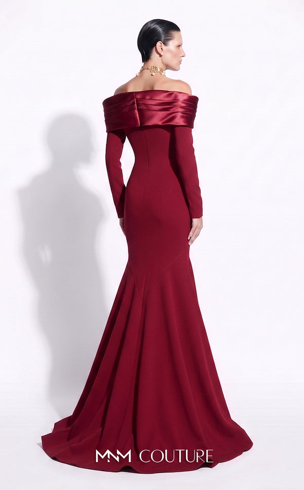 MNM Couture F02973A crepe and satin off-shoulder mermaid gown with sweetheart neckline, pleated draped satin sleeves, and dramatic train | Couture Shop LA.