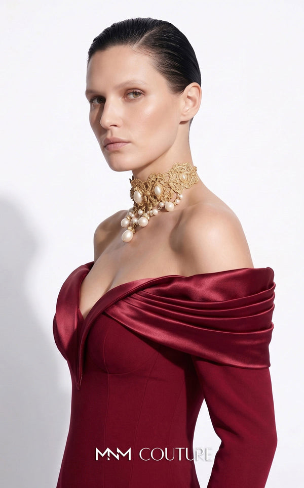 MNM Couture F02973A crepe and satin off-shoulder mermaid gown with sweetheart neckline, pleated draped satin sleeves, and dramatic train | Couture Shop LA.