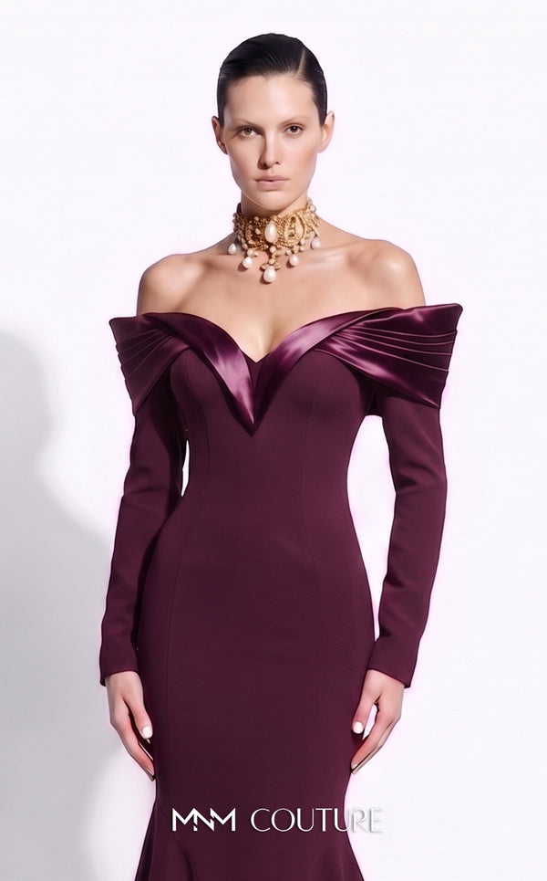 MNM Couture F02973A crepe and satin off-shoulder mermaid gown with sweetheart neckline, pleated draped satin sleeves, and dramatic train | Couture Shop LA.