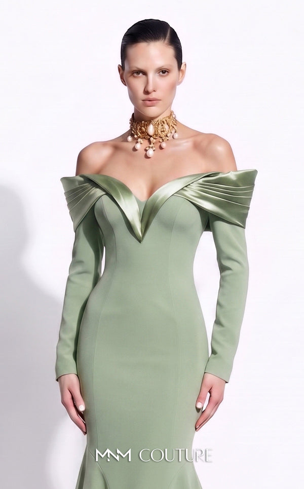MNM Couture F02973A crepe and satin off-shoulder mermaid gown with sweetheart neckline, pleated draped satin sleeves, and dramatic train | Couture Shop LA.