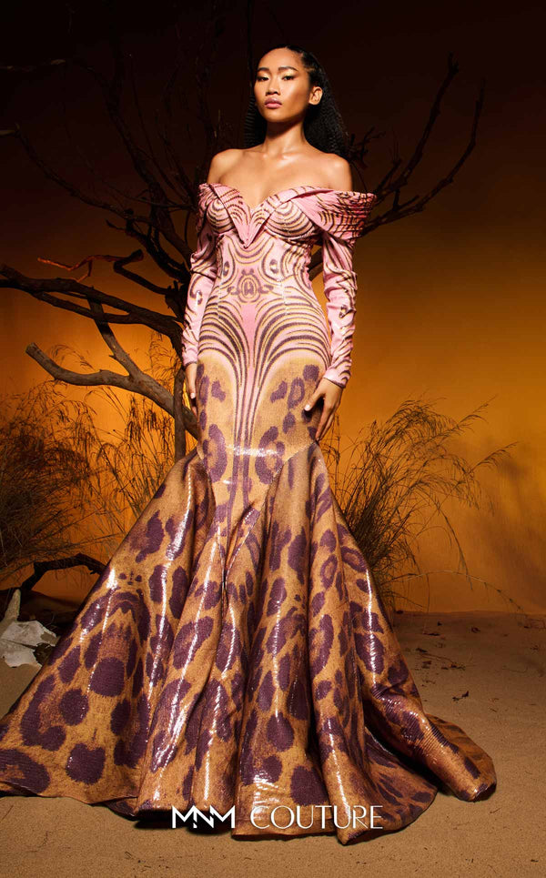 Pink sequined jacquard haute couture mermaid dress with multi-print skirt MNM Couture F02973