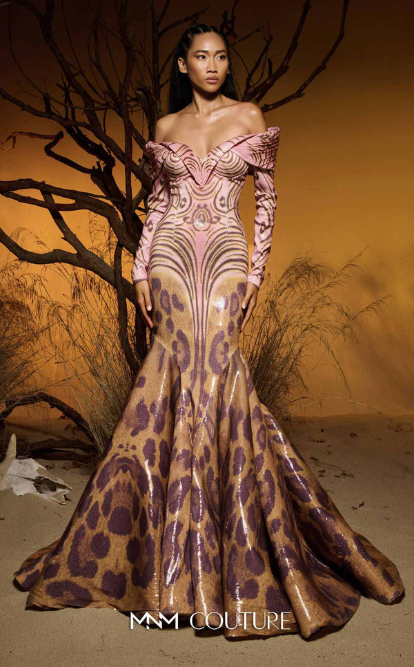 Pink sequined jacquard haute couture mermaid dress with multi-print skirt MNM Couture F02973