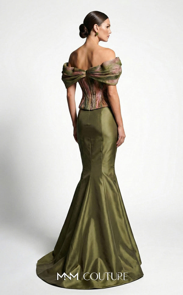 MNM Couture F02981A green floral print pleated chiffon off-shoulder mermaid gown with draped cap sleeves and fitted silhouette | Couture Shop LA.