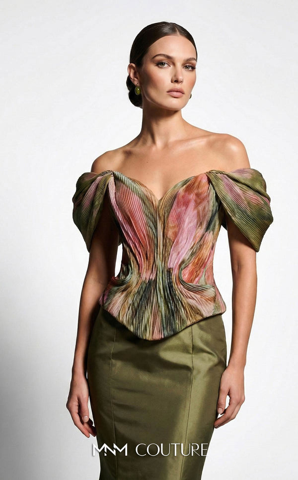 MNM Couture F02981A green floral print pleated chiffon off-shoulder mermaid gown with draped cap sleeves and fitted silhouette | Couture Shop LA.