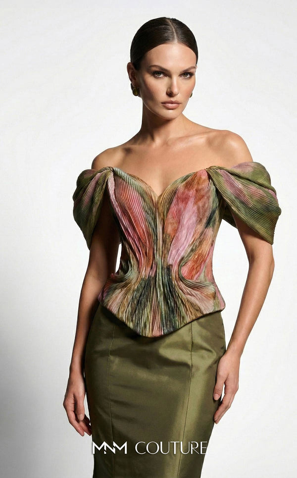 MNM Couture F02981A green floral print pleated chiffon off-shoulder mermaid gown with draped cap sleeves and fitted silhouette | Couture Shop LA.