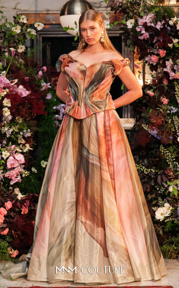 Multi-colored floral printed chiffon haute couture gown MNM Couture F02981