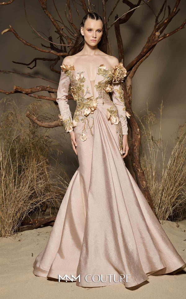 MNM Couture F02986 taffeta mermaid gown with laser-cut 3D floral appliqués, off-shoulder sleeves, and nude-illusion deep V-neckline | Couture Shop LA.